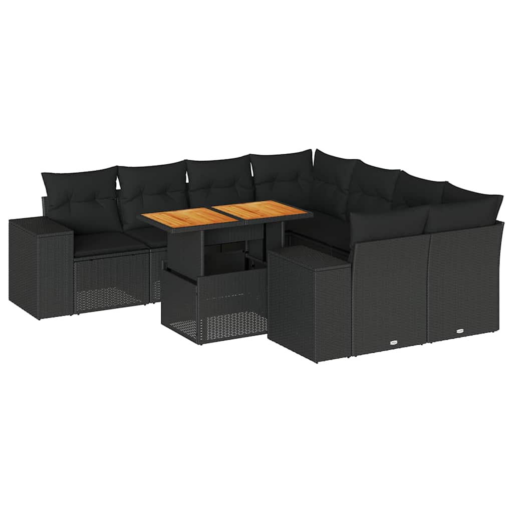 Set Divani da Giardino 9 pz con Cuscini Nero in Polyrattan | homemem39