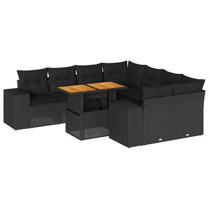 Set Divani da Giardino 9 pz con Cuscini Nero in Polyrattan