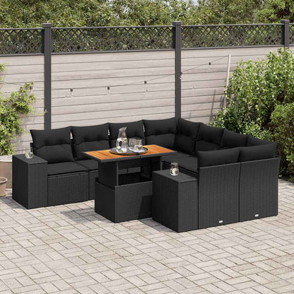 Set Divani da Giardino 9 pz con Cuscini Nero in Polyrattan