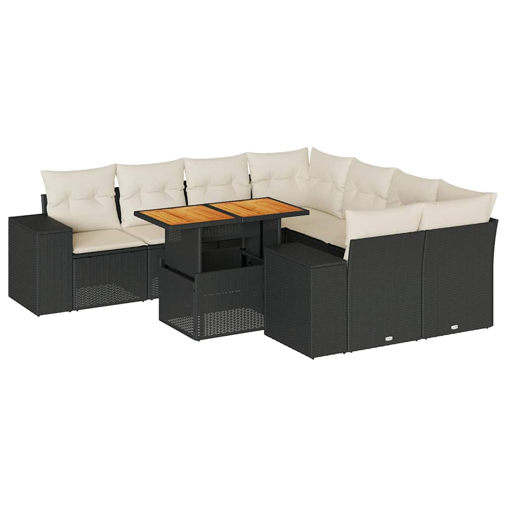 Set Divani da Giardino 9 pz con Cuscini Nero in Polyrattan