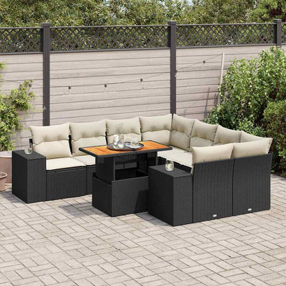 Set Divani da Giardino 9 pz con Cuscini Nero in Polyrattan