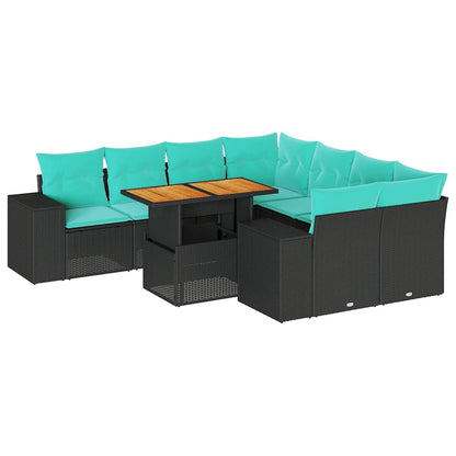 Set Divani da Giardino 9 pz con Cuscini Nero in Polyrattan