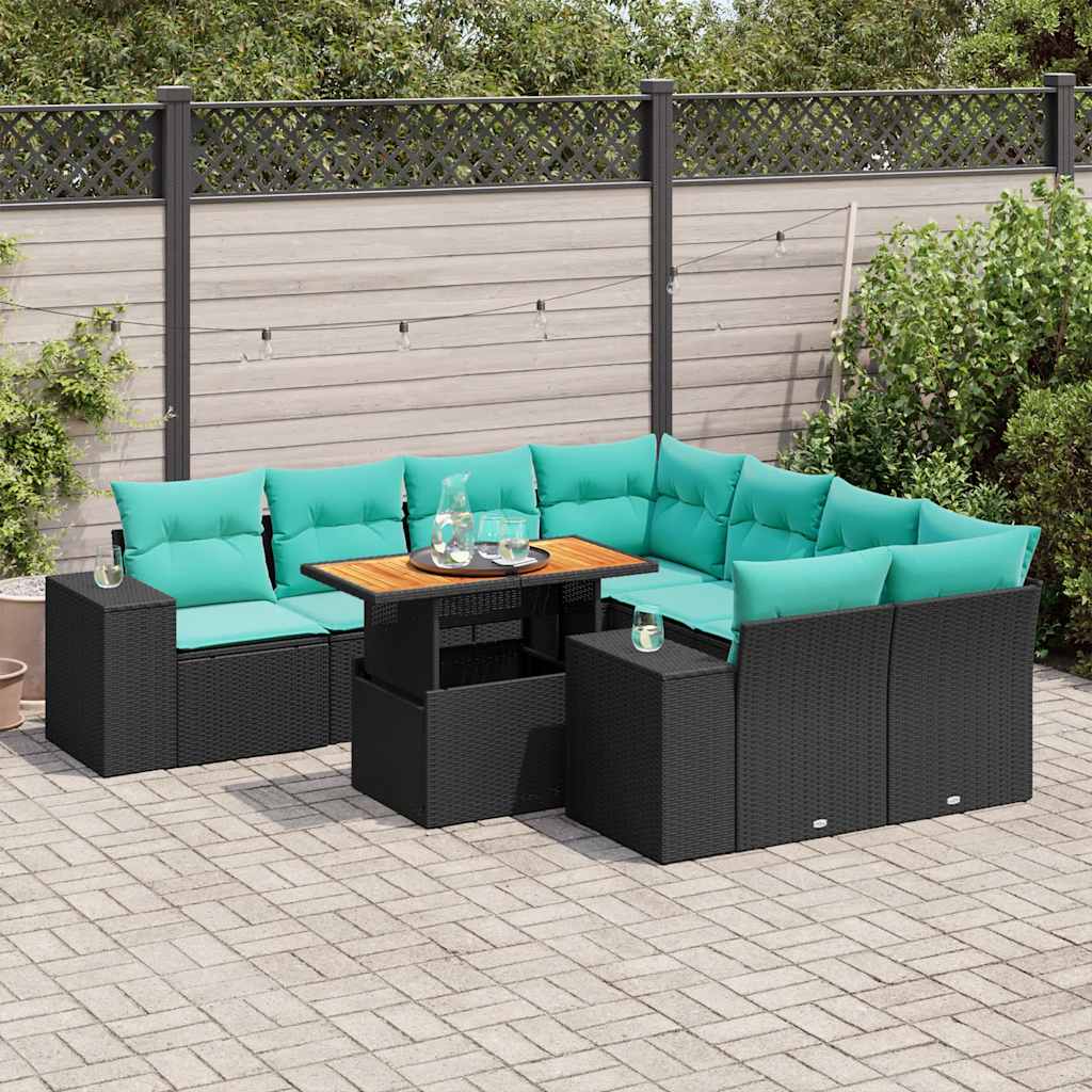 Set Divani da Giardino 9 pz con Cuscini Nero in Polyrattan | homemem39
