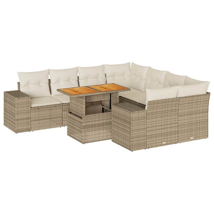 Set Divano da Giardino 9 pz con Cuscini Beige in Polyrattan