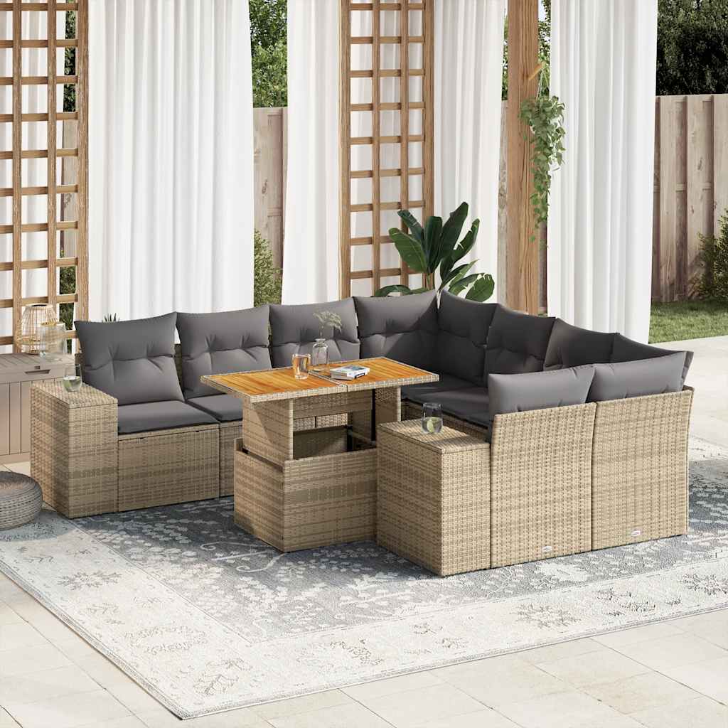 Set Divano da Giardino 9 pz con Cuscini Beige in Polyrattan