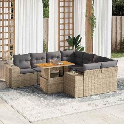 Set Divano da Giardino 9 pz con Cuscini Beige in Polyrattan