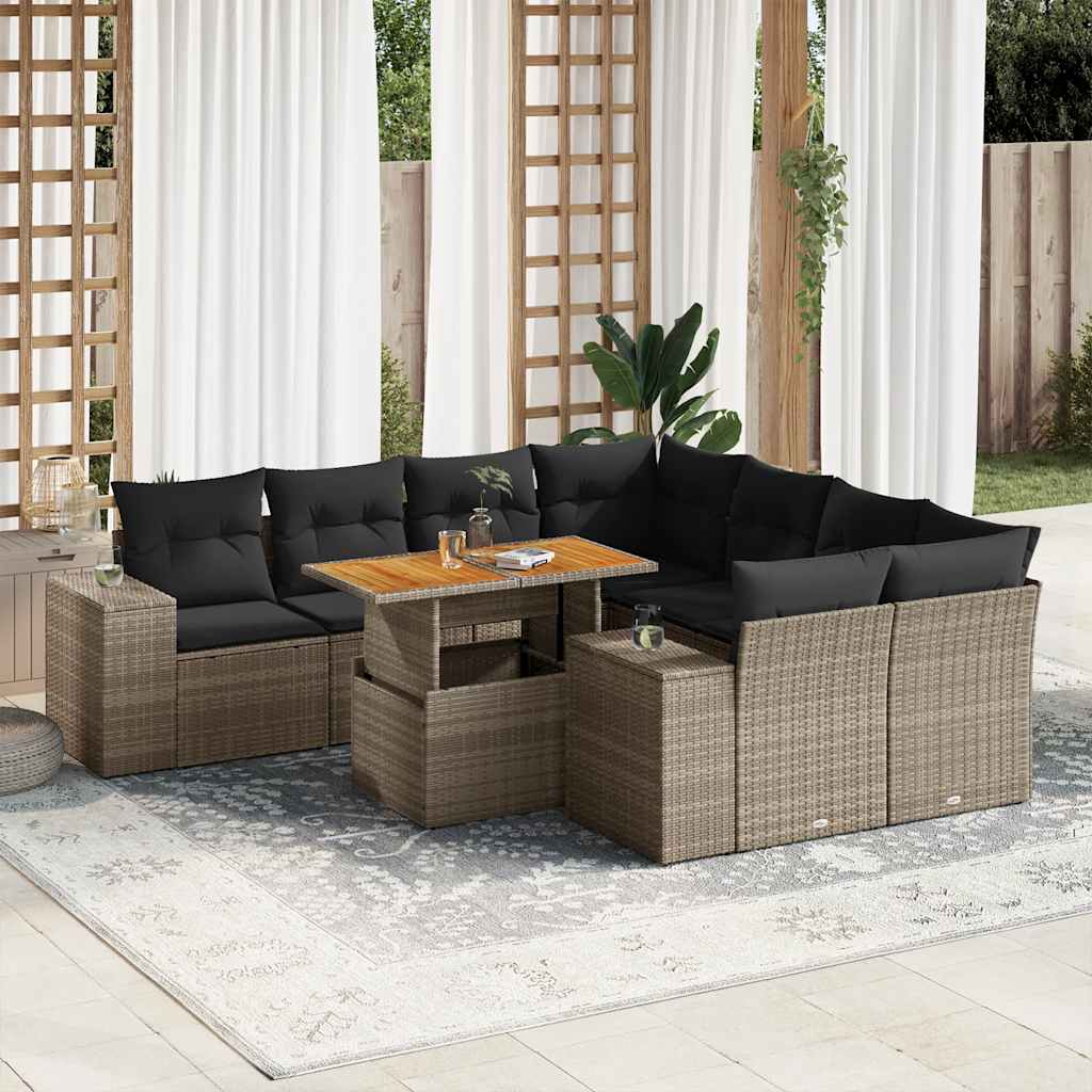 Set Divano da Giardino 9 pz con Cuscini Grigio in Polyrattan | homemem39