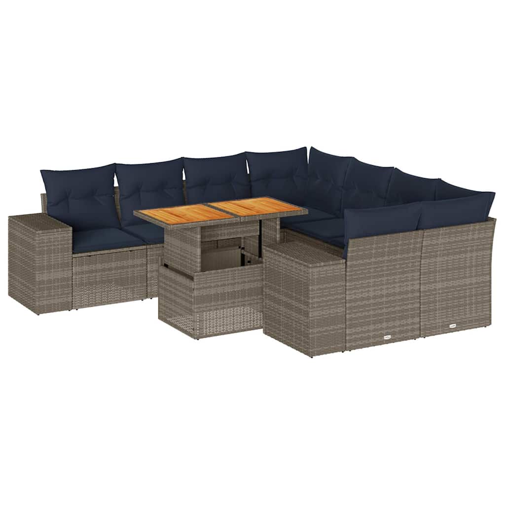Set Divano da Giardino 9 pz con Cuscini Grigio in Polyrattan