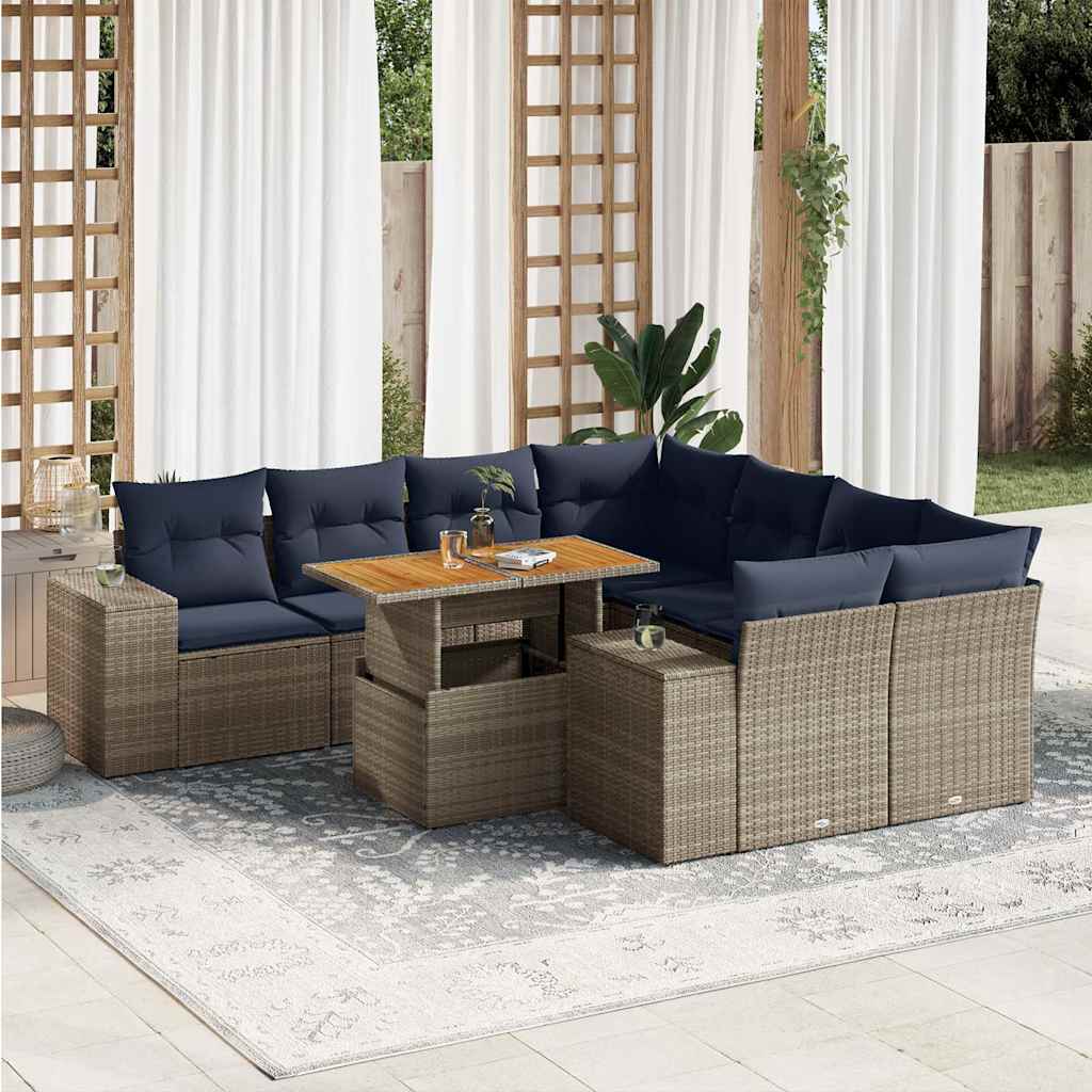 Set Divano da Giardino 9 pz con Cuscini Grigio in Polyrattan