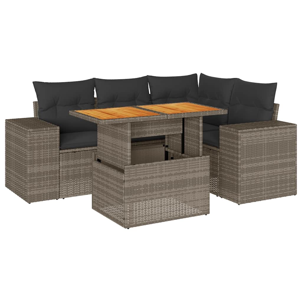 Set Divano da Giardino 5 pz con Cuscini Grigio in Polyrattan