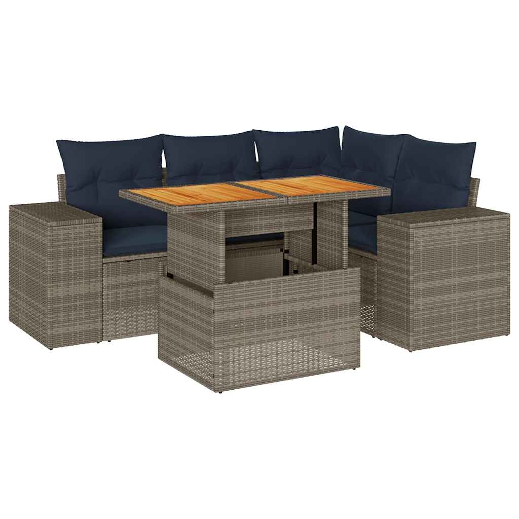 Set Divano da Giardino 5 pz con Cuscini Grigio in Polyrattan