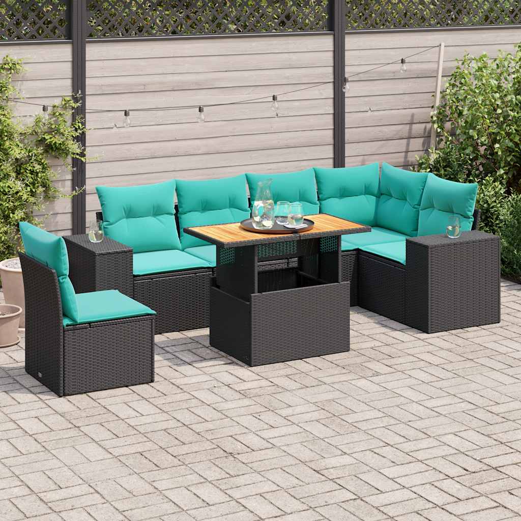 Set Divani da Giardino con Cuscini 7pz Nero Polyrattan