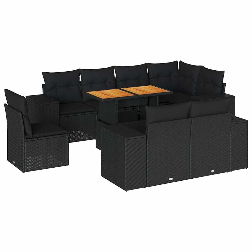 Set Divani da Giardino 9 pz con Cuscini Nero in Polyrattan