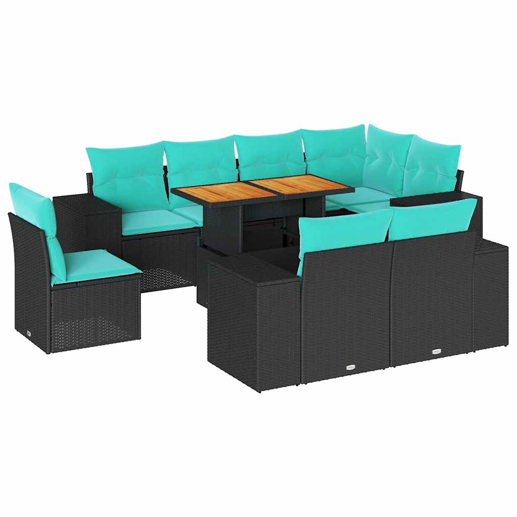 Set Divani da Giardino 9 pz con Cuscini Nero in Polyrattan | homemem39