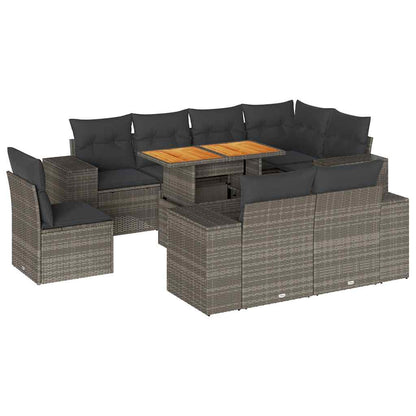 Set Divano da Giardino 9 pz con Cuscini Grigio in Polyrattan