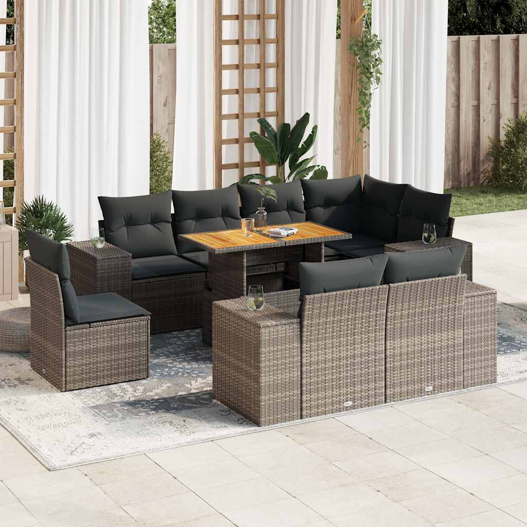 Set Divano da Giardino 9 pz con Cuscini Grigio in Polyrattan
