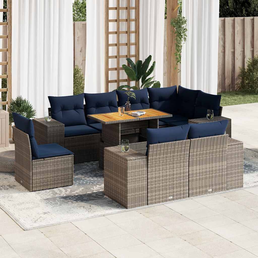 Set Divano da Giardino 9 pz con Cuscini Grigio in Polyrattan | homemem39