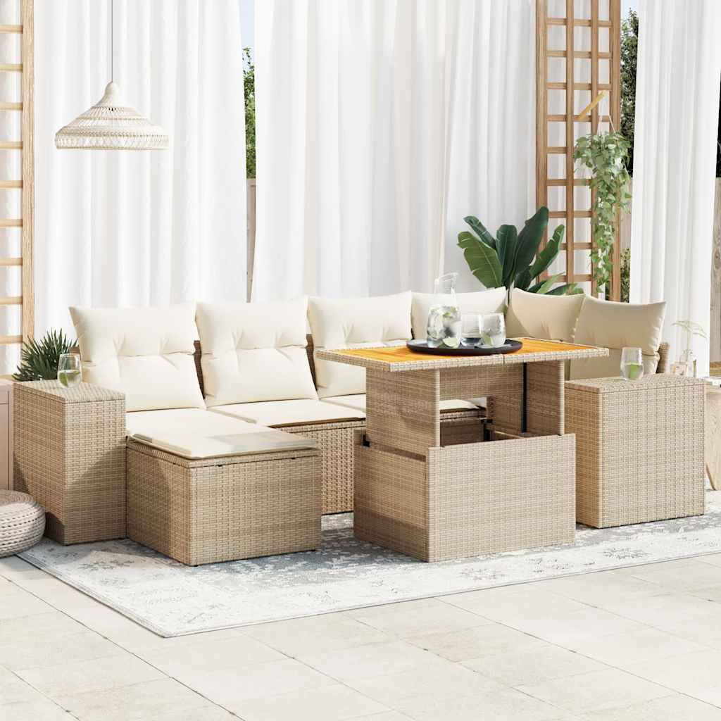 Set Divani da Giardino 7 pz con Cuscini Beige in Polyrattan | homemem39