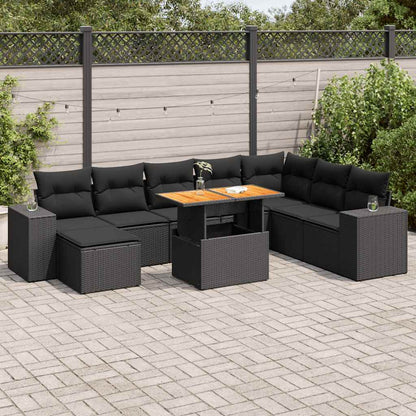 Set Divani da Giardino 9 pz con Cuscini Nero Polyrattan Acacia | homemem39