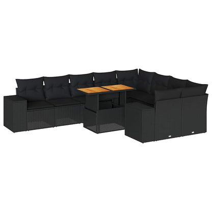 Set Divani Giardino 10pz con Cuscini Nero in Polyrattan Acacia | homemem39
