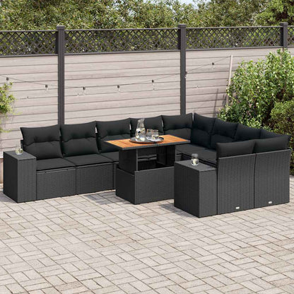 Set Divani Giardino 10pz con Cuscini Nero in Polyrattan Acacia | homemem39