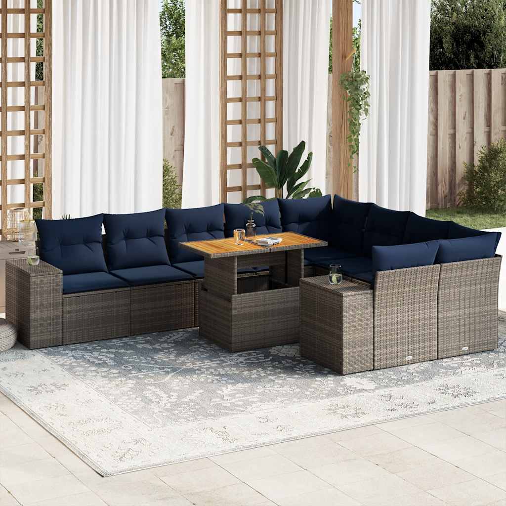 Set Divano da Giardino 10 pz con Cuscini Grigio in Polyrattan