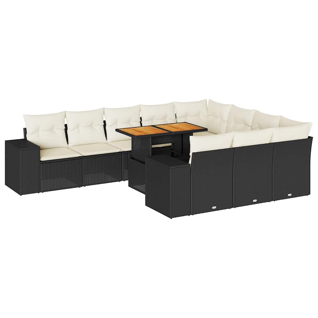 Set Divani Giardino 10pz con Cuscini Nero in Polyrattan Acacia