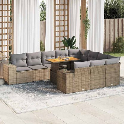 Divano da Giardino 10 pz con Cuscini Beige in Polyrattan Acacia