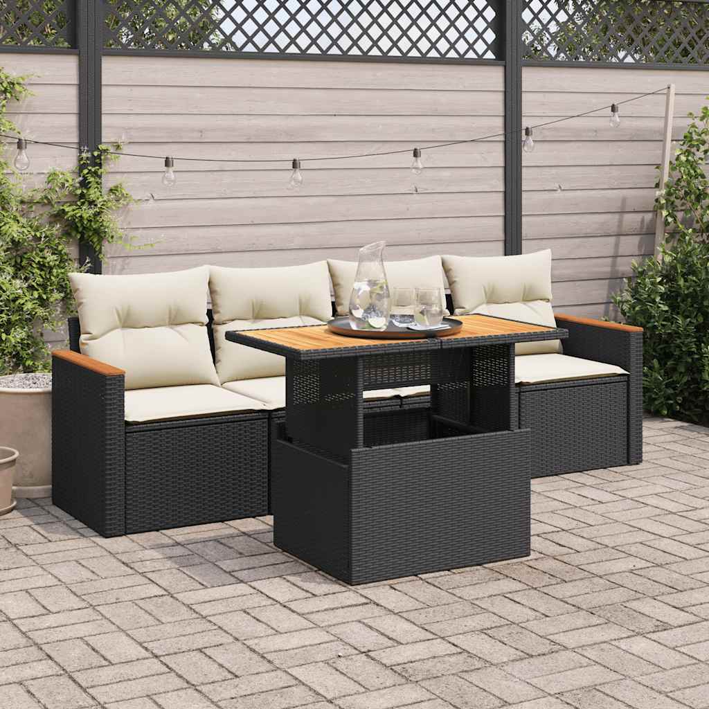 Set Divani da Giardino 5 pz con Cuscini Nero Polyrattan Acacia | homemem39