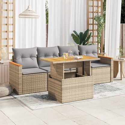 Set Divano da Giardino 5 pz con Cuscini Beige Polyrattan Acacia | homemem39