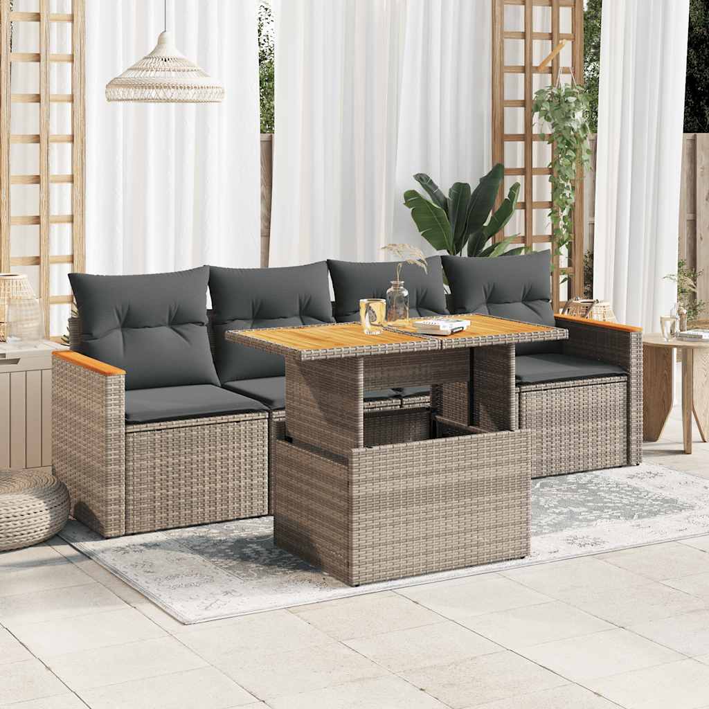 Set Divano Giardino 5 pz con Cuscini Grigio Polyrattan Acacia