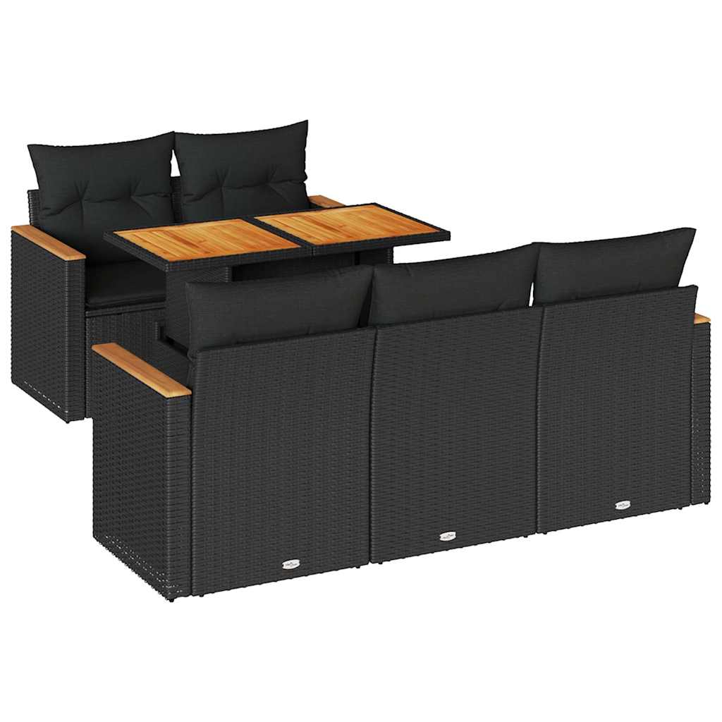 Set Divano da Giardino 6 pz con Cuscini Nero Polyrattan Acacia | homemem39