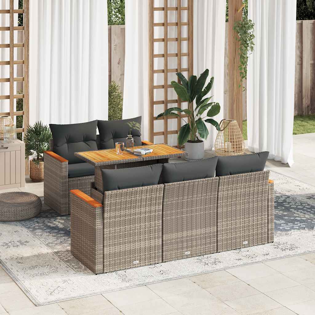 Set Divano da Giardino 6pz con Cuscini Grigio Polyrattan Acacia | homemem39