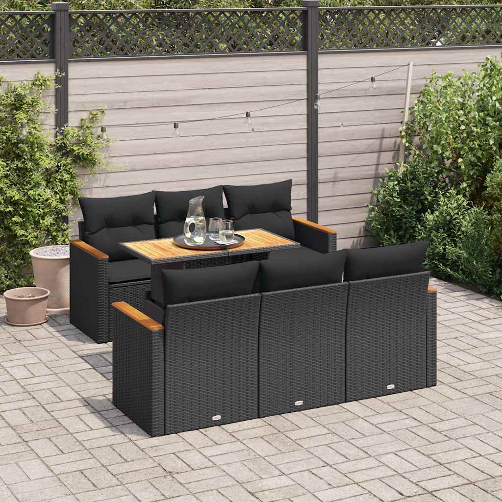 Set Divani da Giardino con Cuscini 7pz Nero Polyrattan Acacia | homemem39