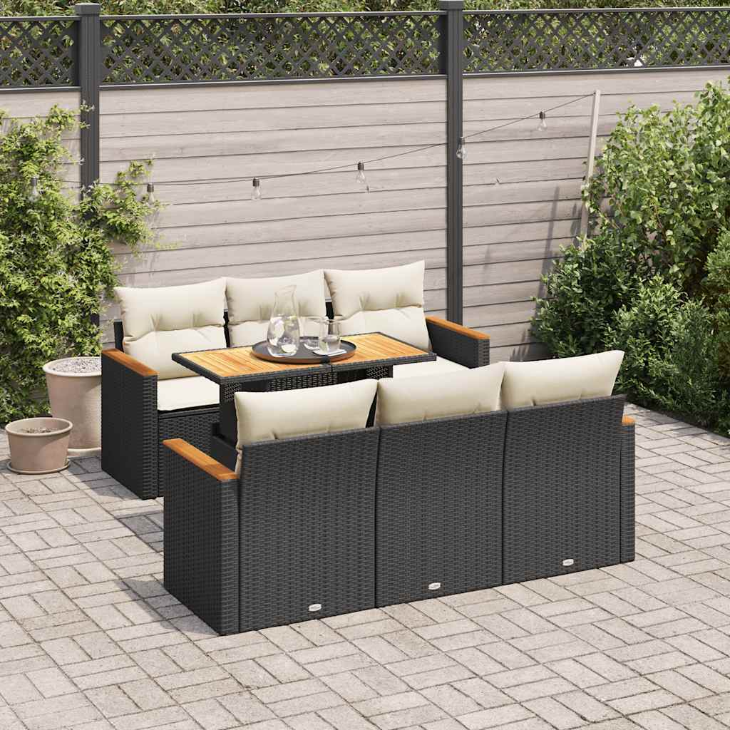 Set Divani da Giardino con Cuscini 7pz Nero Polyrattan Acacia | homemem39