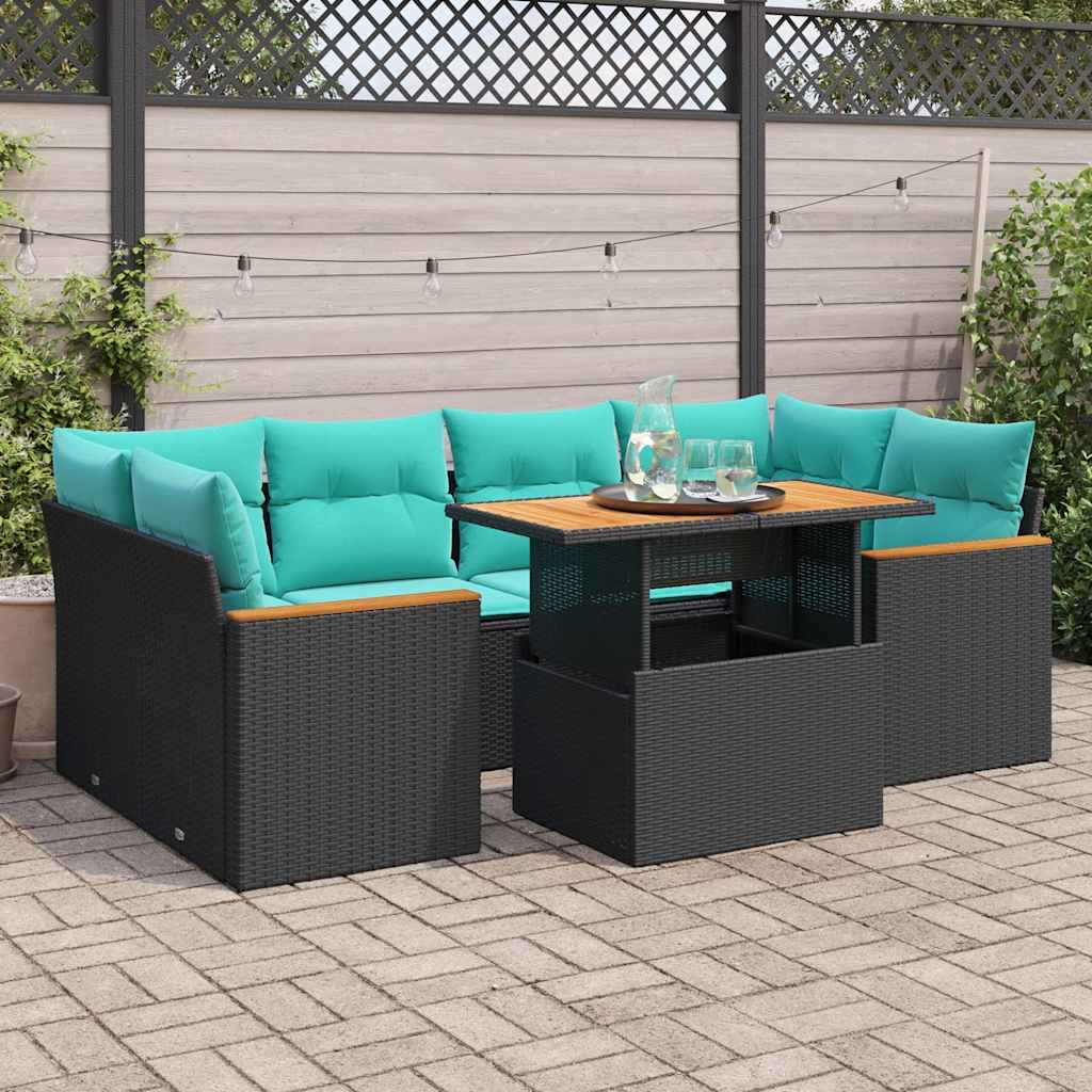 Set Divani da Giardino con Cuscini 7pz Nero Polyrattan