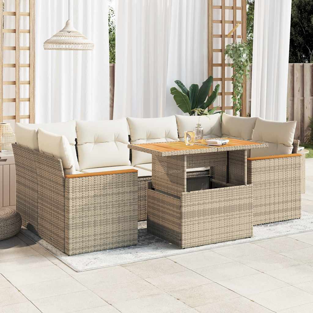 Set Divano da Giardino 6 pz con Cuscini Beige Polyrattan Acacia