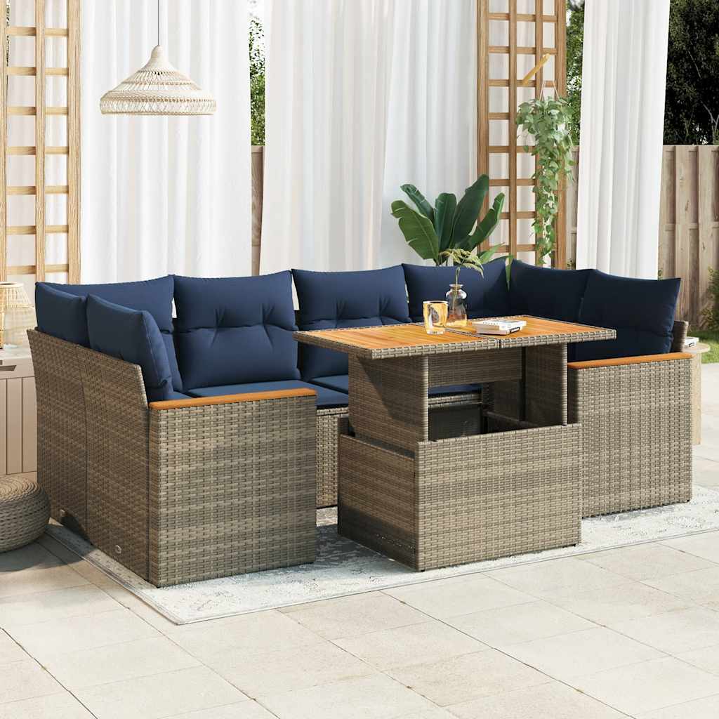 Set Divani da Giardino 7 pz con Cuscini Grigio in Polyrattan