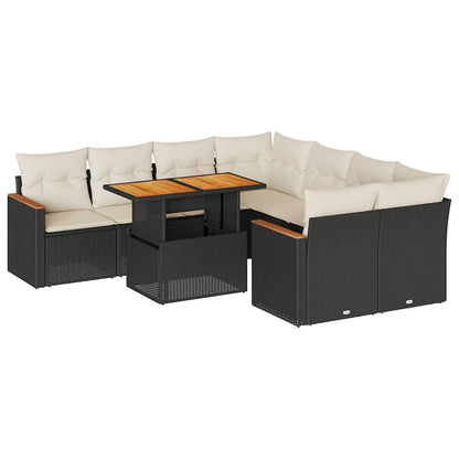 Set Divani da Giardino 9 pz con Cuscini Nero Polyrattan Acacia | homemem39