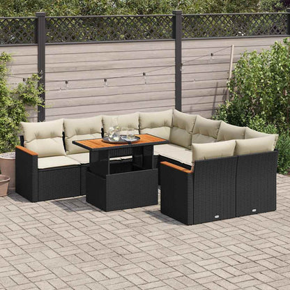 Set Divani da Giardino 9 pz con Cuscini Nero Polyrattan Acacia | homemem39