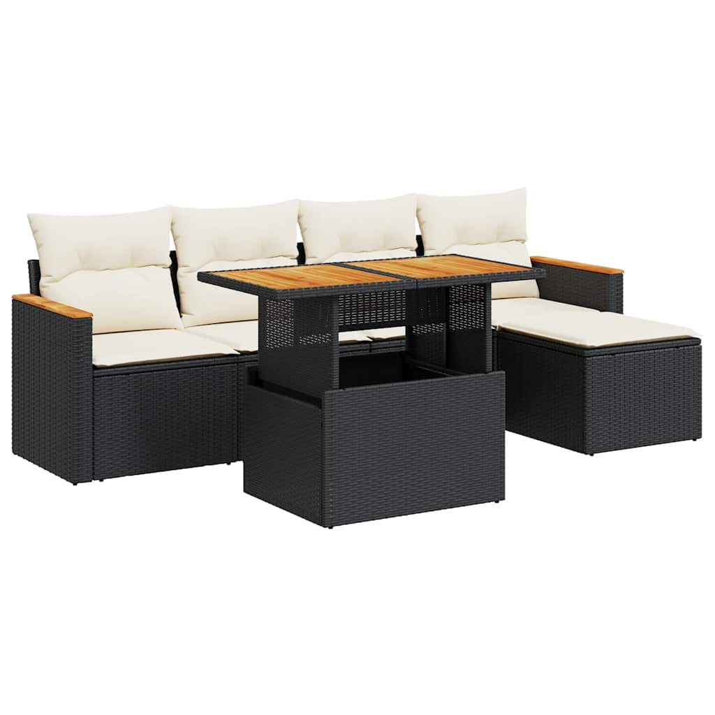 Set Divano da Giardino 6 pz con Cuscini Nero Polyrattan Acacia | homemem39