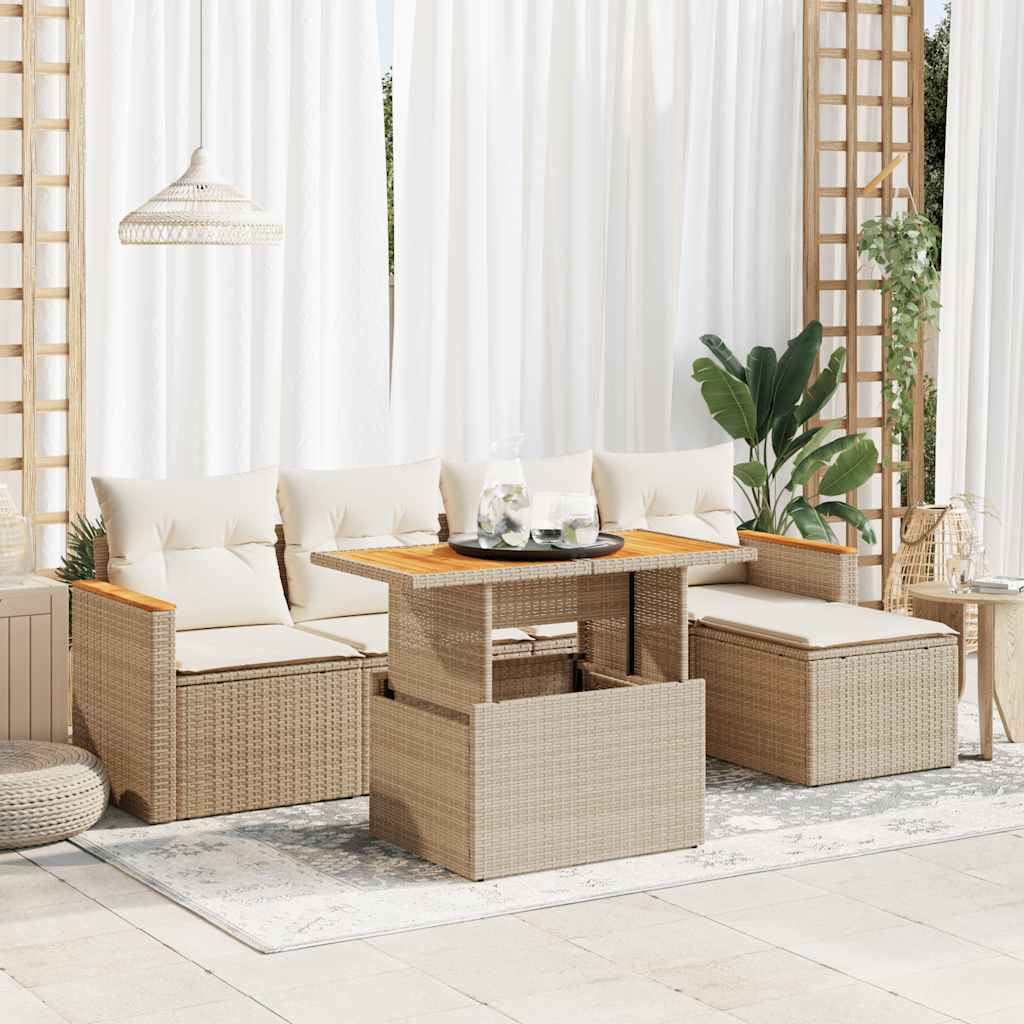 Set Divano da Giardino 6 pz con Cuscini Beige Polyrattan Acacia