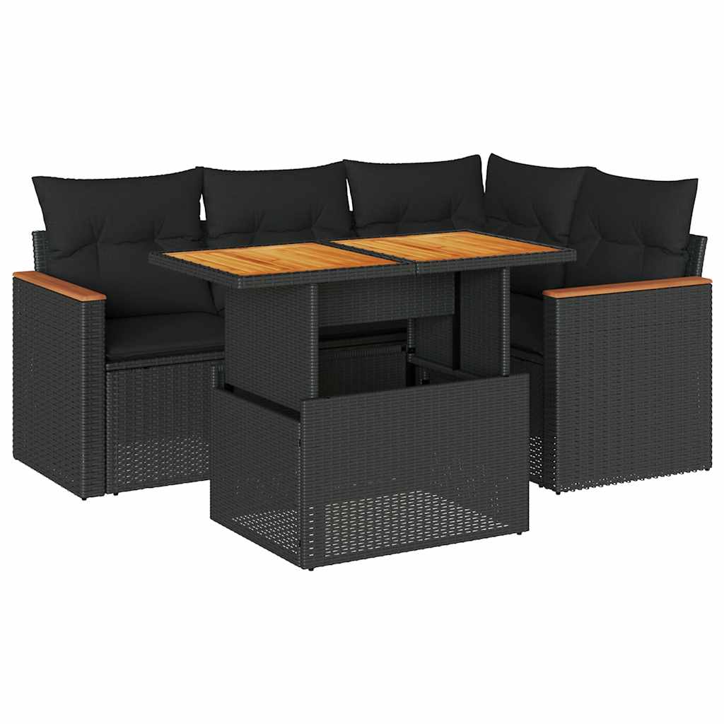Set Divani da Giardino 5 pz con Cuscini Nero Polyrattan Acacia | homemem39