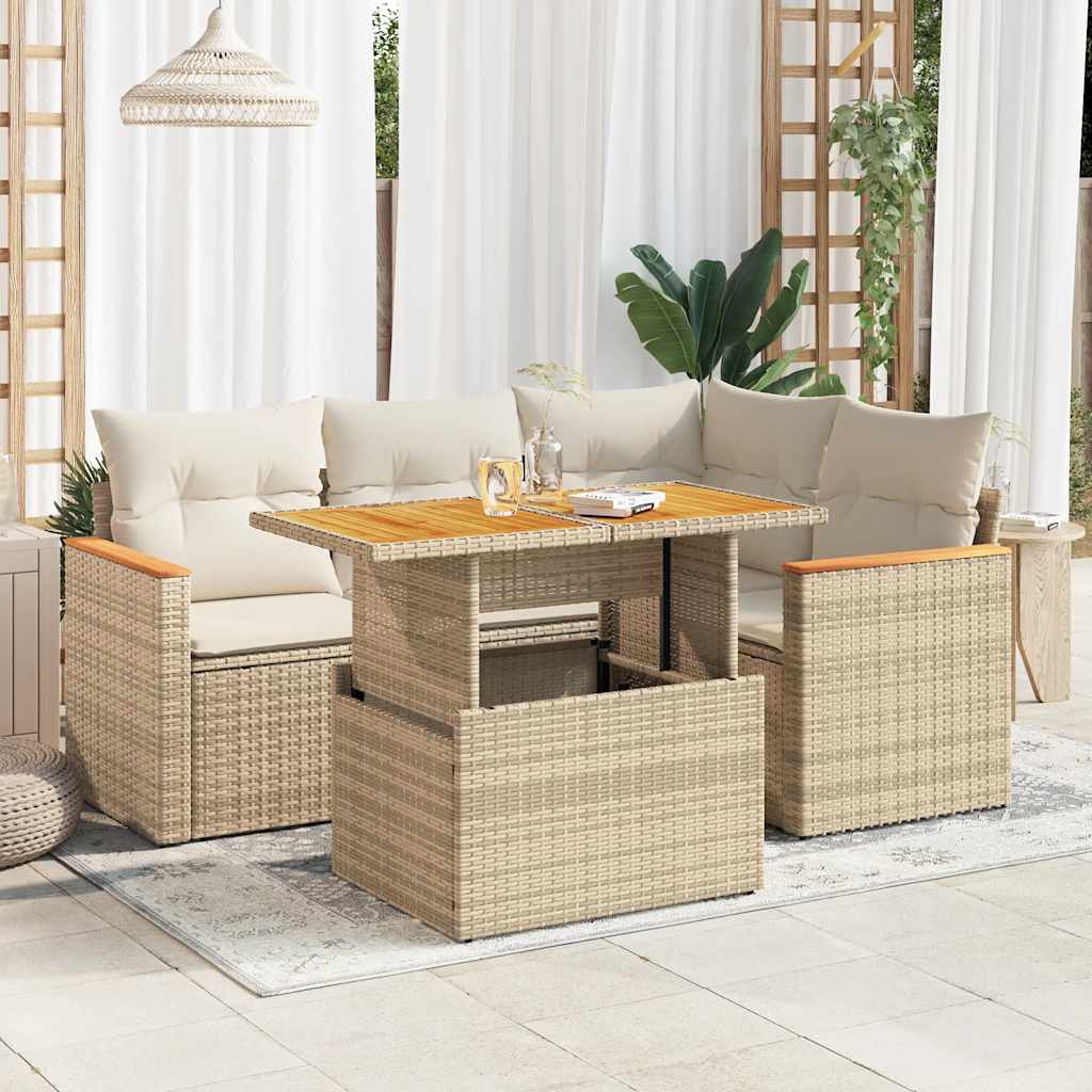 Set Divano da Giardino 5 pz con Cuscini Beige Polyrattan Acacia | homemem39