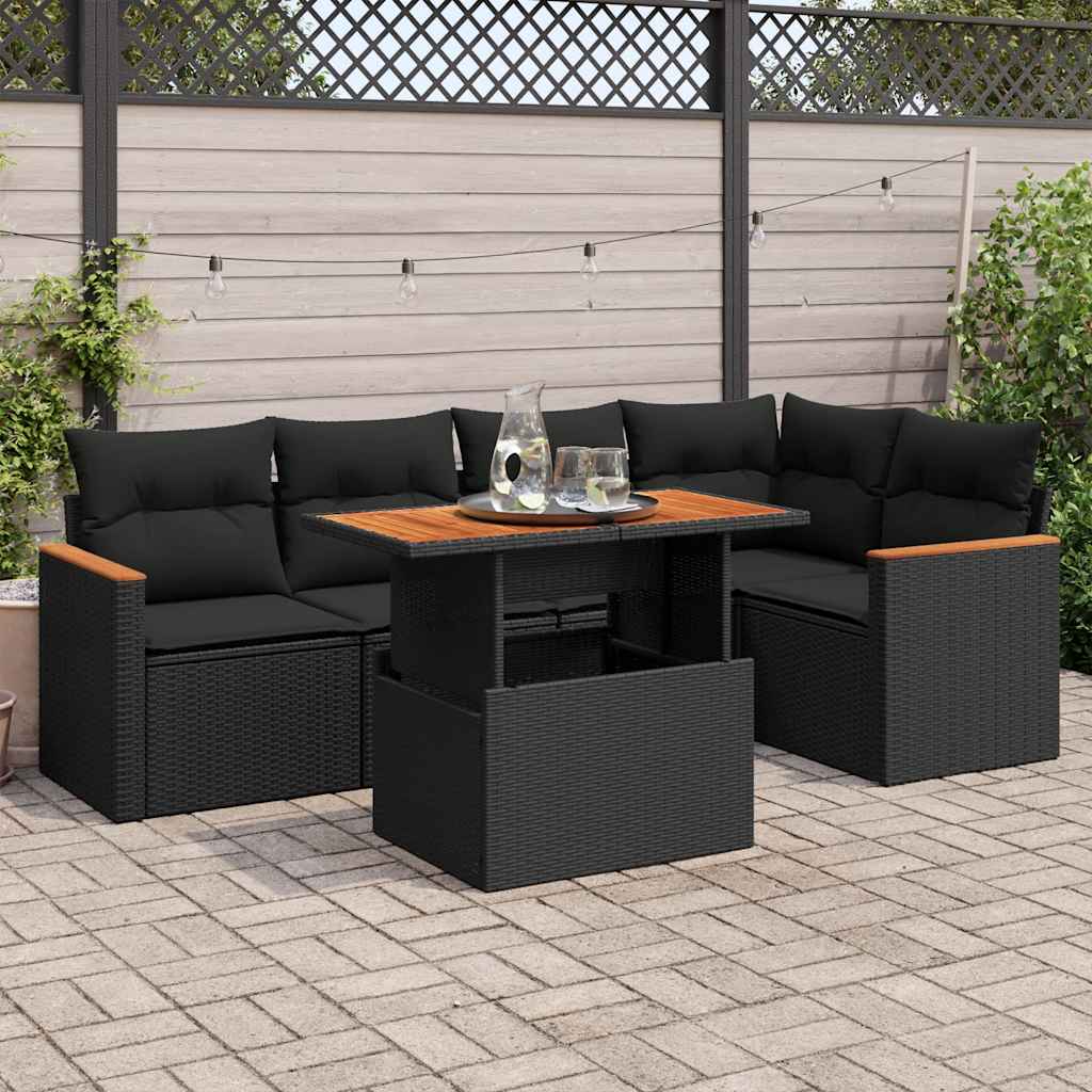 Set Divano da Giardino 6 pz con Cuscini Nero Polyrattan Acacia | homemem39