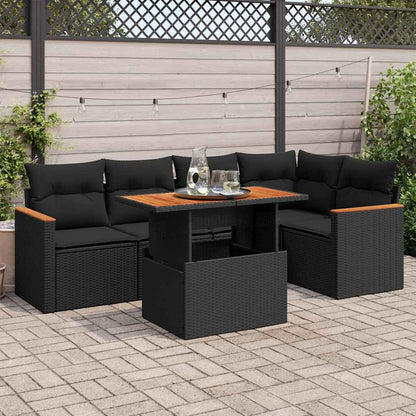 Set Divano da Giardino 6 pz con Cuscini Nero Polyrattan Acacia | homemem39