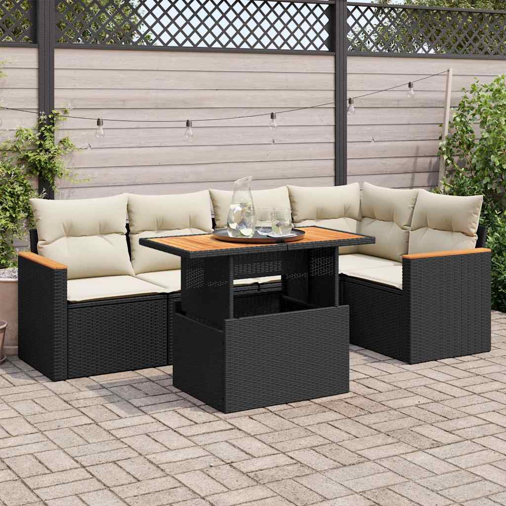 Set Divano da Giardino 6 pz con Cuscini Nero Polyrattan Acacia | homemem39
