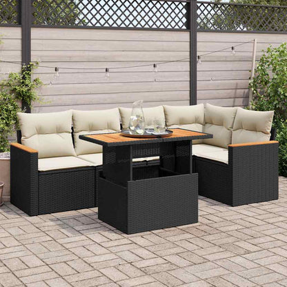 Set Divano da Giardino 6 pz con Cuscini Nero Polyrattan Acacia | homemem39