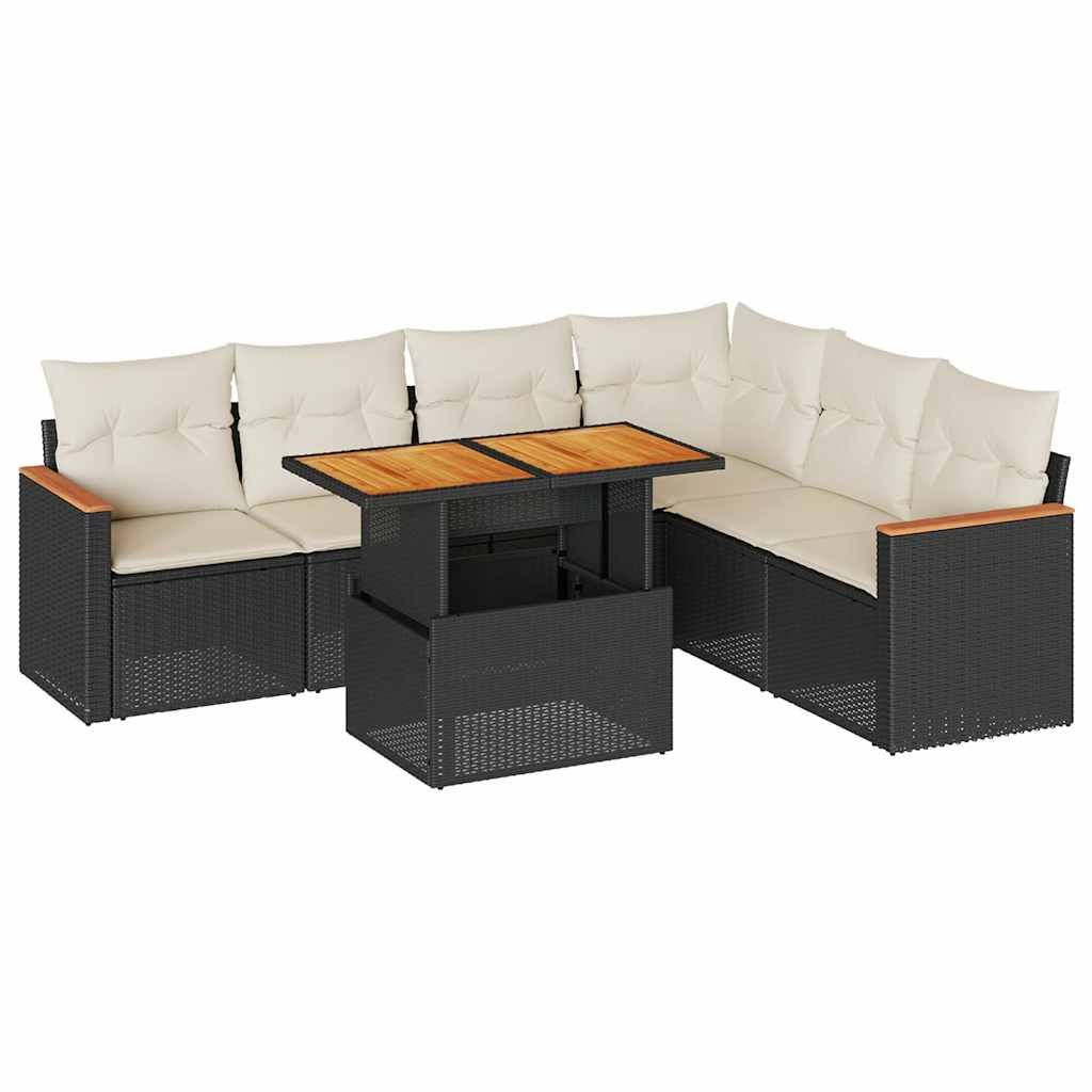 Set Divani da Giardino con Cuscini 7pz Nero Polyrattan Acacia | homemem39