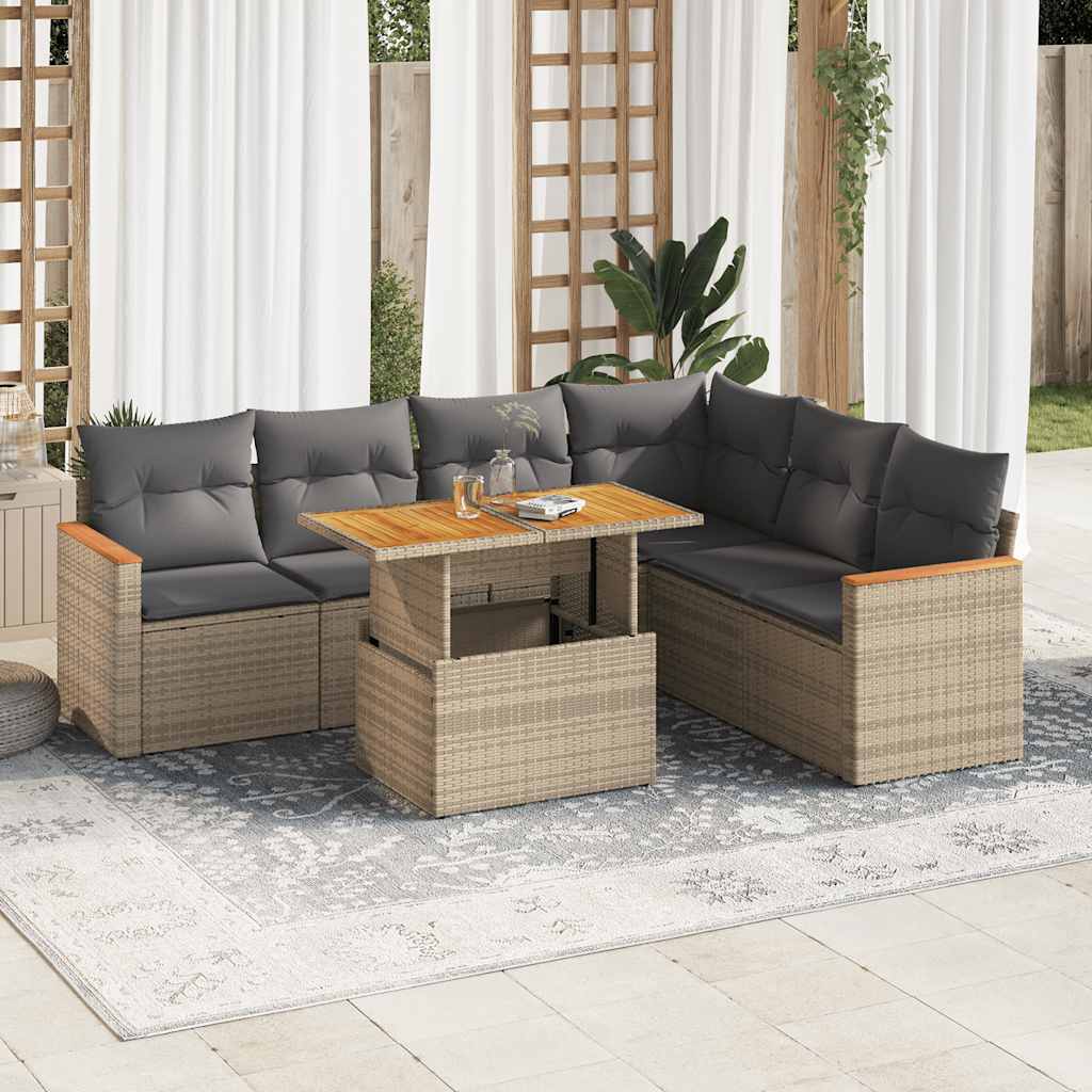 Set Divani da Giardino 7 pz con Cuscini Beige Polyrattan Acacia | homemem39
